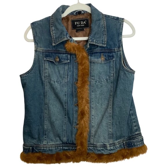FU DA New York Boho Denim Vest Faux Fur Trim Women Small 100% Cotton Pockets - Picture 1 of 5